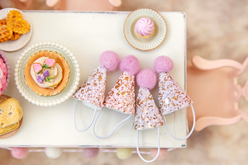 Set of 4 Handmade Miniature Lilac Rainbow Gold Glitter Party Hats Perfect For Your Maileg Mice