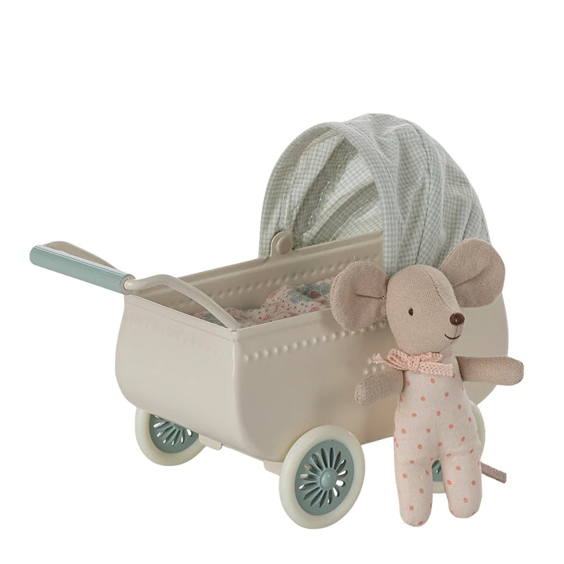 Maileg Pram with Baby Mouse Mint S/S 2025