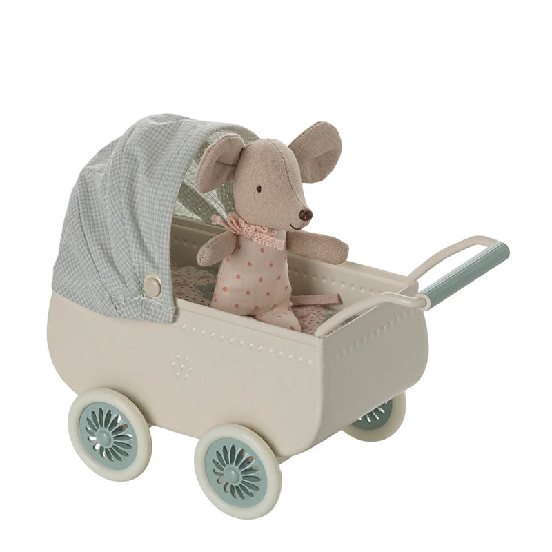 Maileg Pram with Baby Mouse Mint S/S 2025