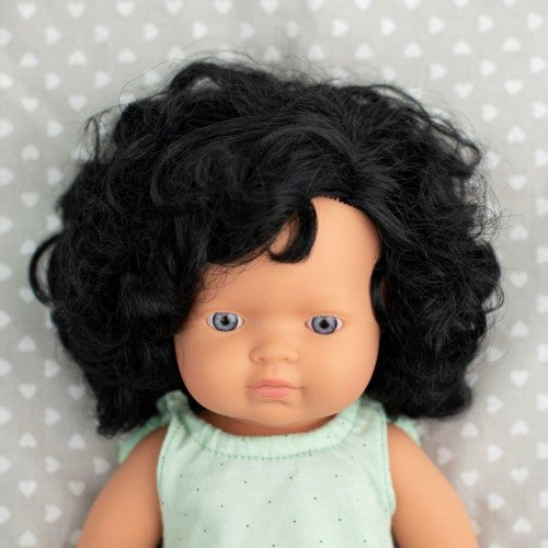 Miniland Doll - Anatomically Correct Baby, Black Curly Hair Caucasian Girl, 38cm