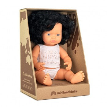 Miniland Doll - Anatomically Correct Baby, Black Curly Hair Caucasian Girl, 38cm