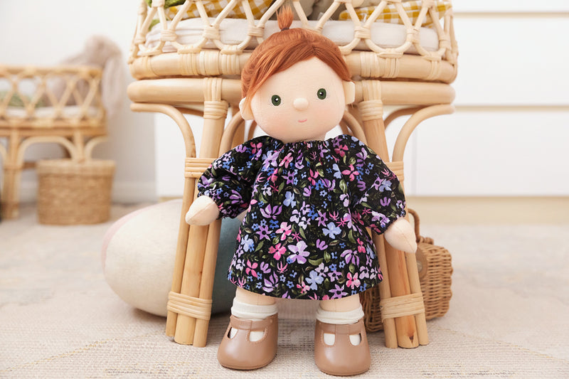Ginger Soft Cord Winter Dress In Violet Flowers Made To Fit The Dinkum Dolls