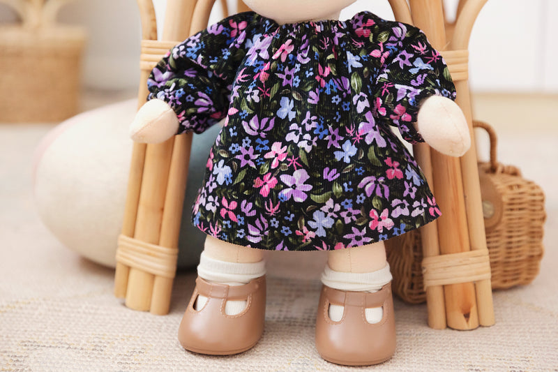 Ginger Soft Cord Winter Dress In Violet Flowers Made To Fit The Dinkum Dolls