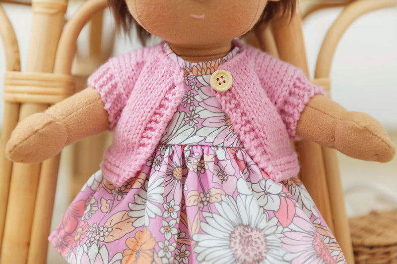 Short Sleeve Wool Knit Cardigan in Soft Pink Made To Fit The Dinkum Dolls