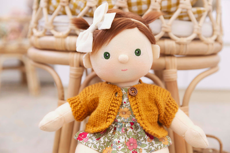 Short Sleeve Knit Cardigan in Mustard Made To Fit The Dinkum Dolls