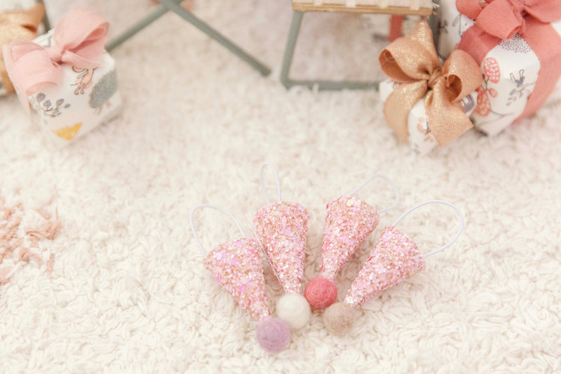 Set of 4 Handmade Miniature Rosey Pink Glitter Party Hats Perfect For Your Maileg Mice in