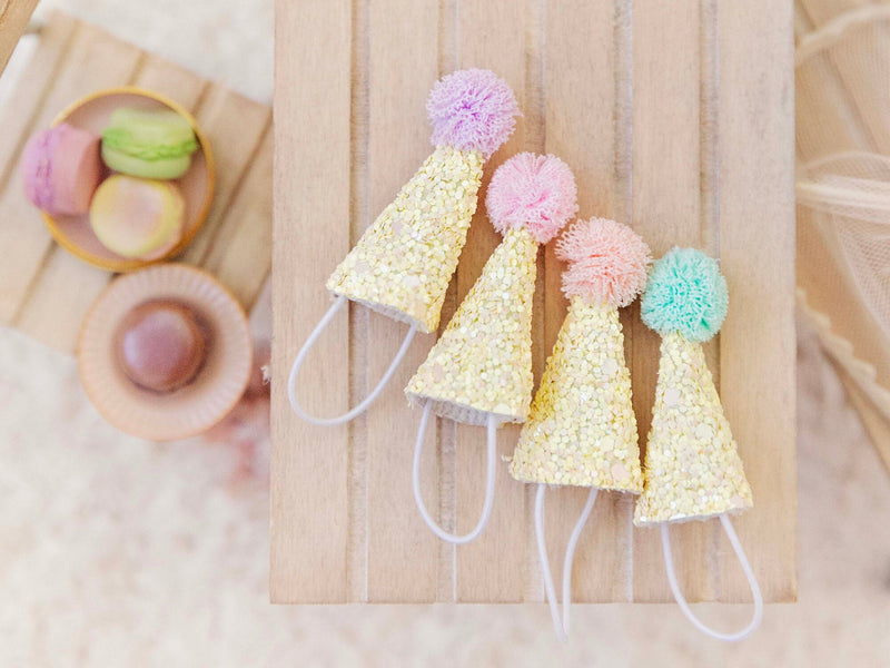 Set of 4 Handmade Miniature Party Hats Pale Yellow Glitter Perfect For Your Maileg Mice